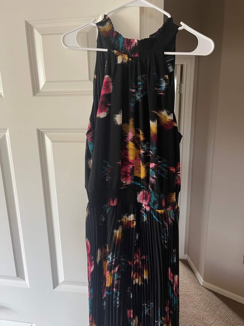 Black Floral Pleated Halter Maxi Dress, size 10